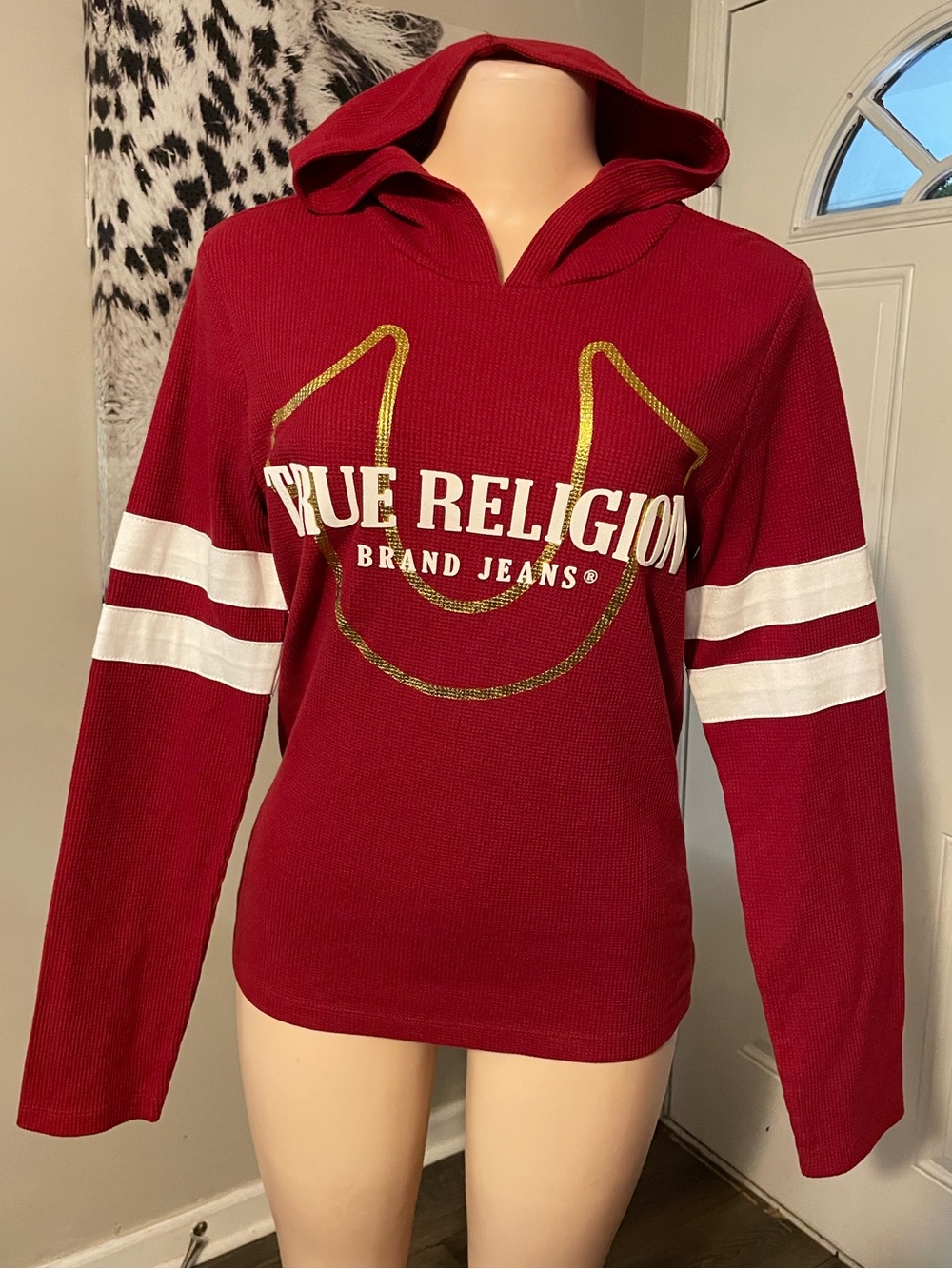 True Religion Red Hooded waffle knit Long Sleeve Top shirt hoodie logo Large